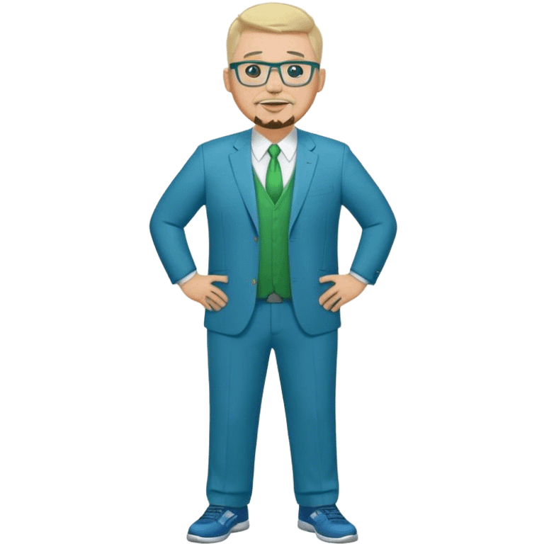 Full Body white male plus size wearing glasses with a goatee with light blonde and gray very short hair happy basketball head Coach in blue and green suit emoji