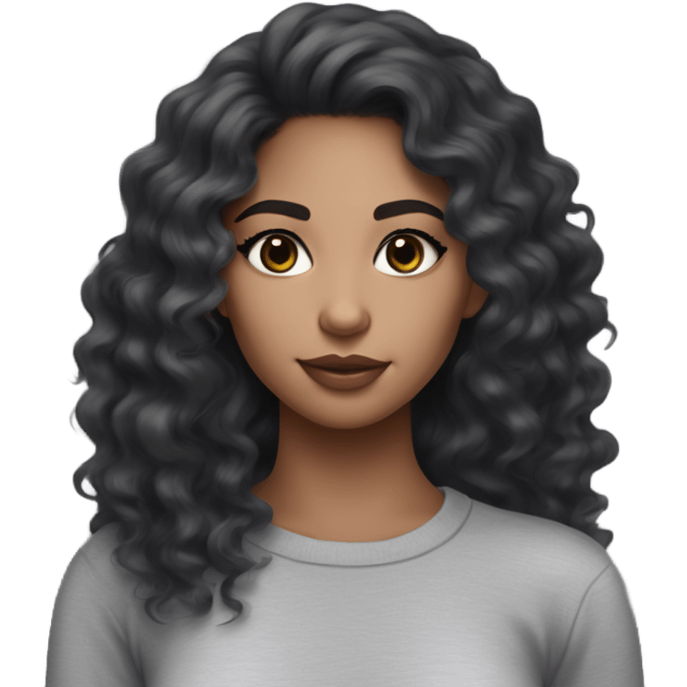 mixed girl with chest black long wavy curly hair and brown eyes and has long lashes on and noticeable blush and her lips are pink and shes wearing a tight grey long sleeve top emoji