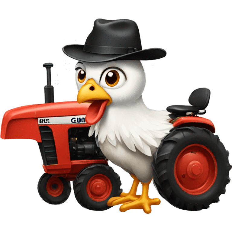 Chicken sitting on a tractor with a hat emoji