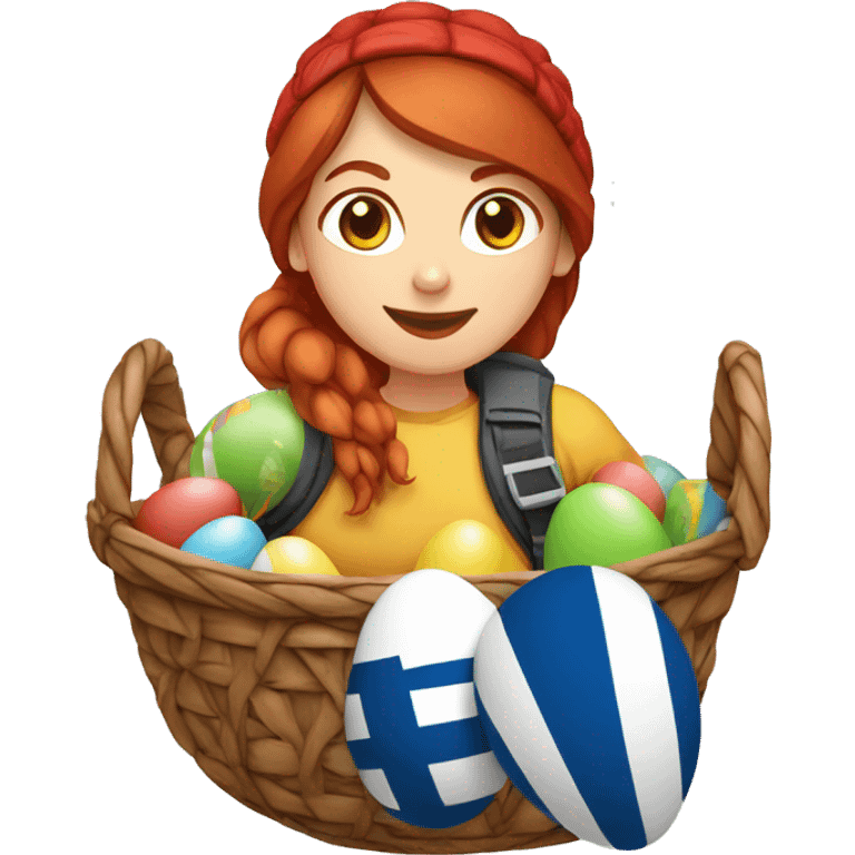 Greek Female winter mountaineer red hair white skin climbing with Greek Flag and Easter eggs basket emoji