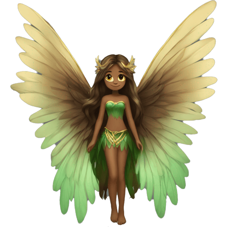 big wings, Beautiful, fairy, gold, brown, dark green, green, long hair emoji