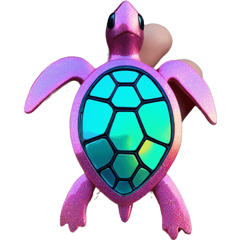 Sparkling cyan pink Turtle made from kaleidoscopic rainbow oilslick cyan glass, stained glass art emoji