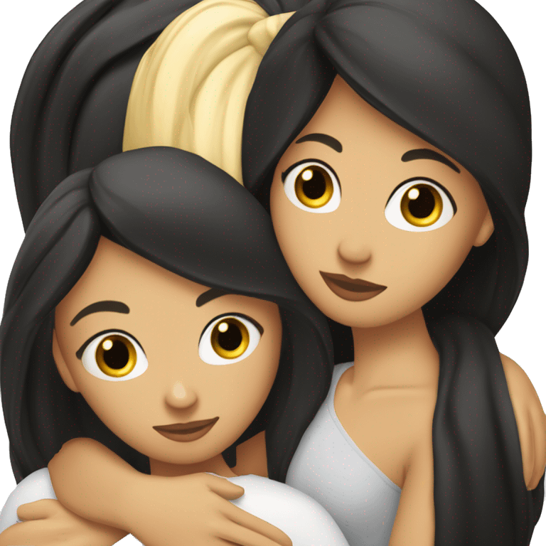 a beautiful brunette with long black hair, slightly tanned, hugs a tall blonde pumped up emoji