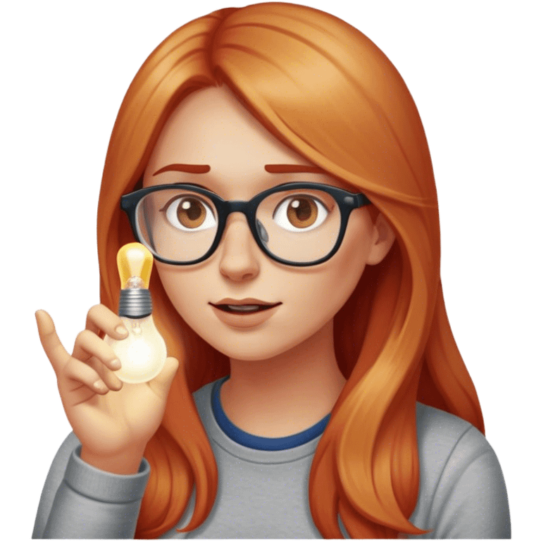 intelligent and clever, 30 year old, girl, long red and almost blond hair, glasses, has an idea, rubs her finger on the nose, light bulb over the head, casual cloth  emoji