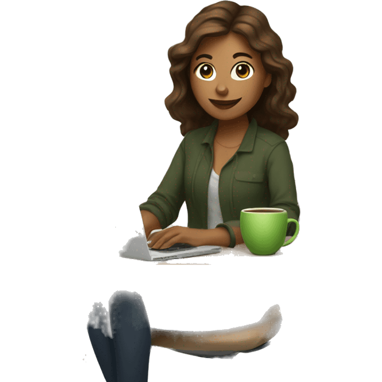 female designer with brown hair works on a computer and holds matcha tea in her hands emoji