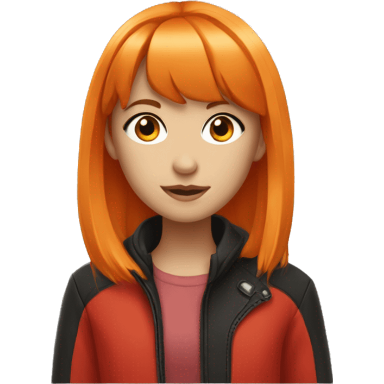 Teenager girl wearing red jacket with orange middle hair with bangs and sharp black eyes  emoji