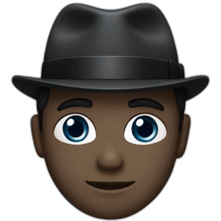 Man with cobalt black/grey skin wearing a black formal suit with a black tie, wearing a fedora with a white accent color, and white pupils. emoji