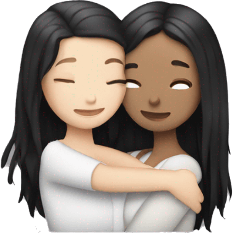 A lesbian couple who both have white skin and long black hair are hugging intimately. emoji