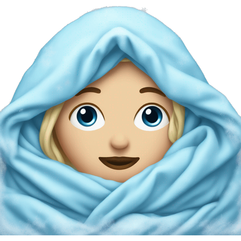 white woman blue face with ice and cold around it, snuggled in blanket emoji