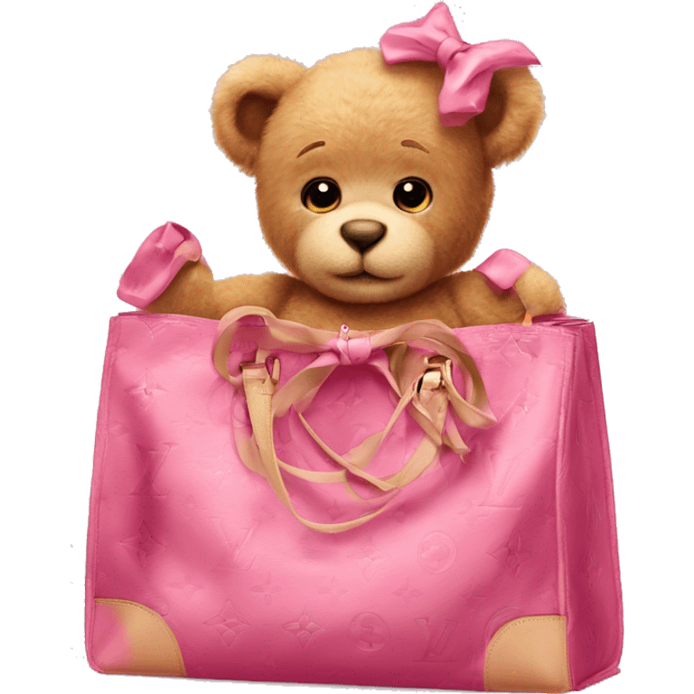 pink bow teddy bear solo looking out of louis vuitton  bag emoji