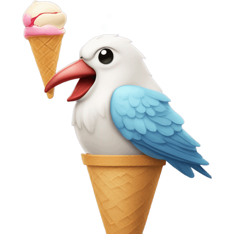 A bird eating an ice cream emoji