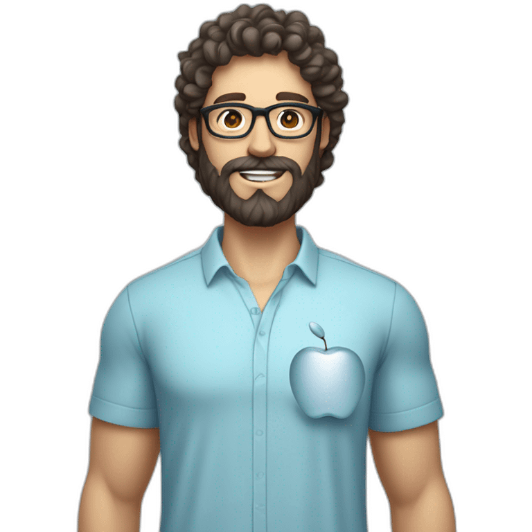 A male nutritionist with a full beard and dark, curly hair and white skin, wearing glasses, holding an apple in his hand. Who has a light blue shirt on. emoji