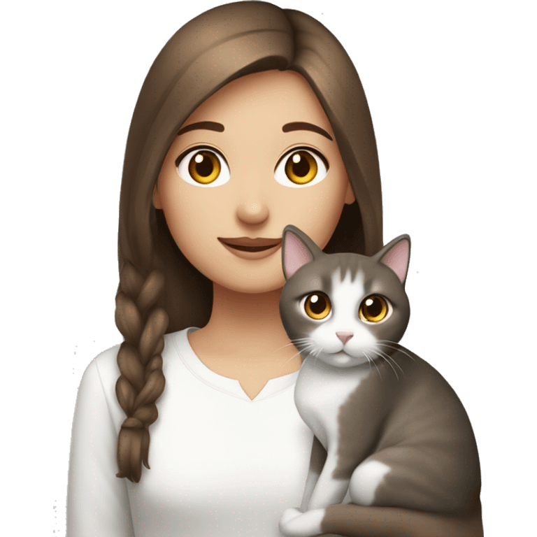 a girl with brown hair with a gray and white cat next to her emoji