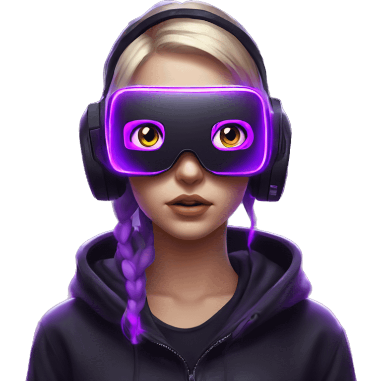 Russian girl wearing black hoody with violet letters "OMG", in vr headset. Cyberpunk style. Violet neon. emoji