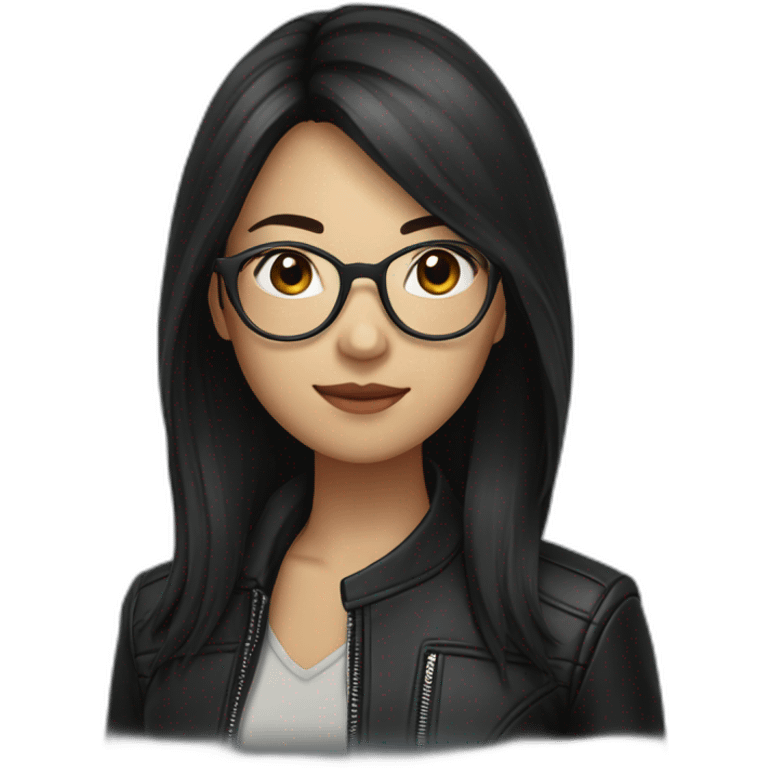 Asian girl in glasses and leather jacket whith dark long hair emoji