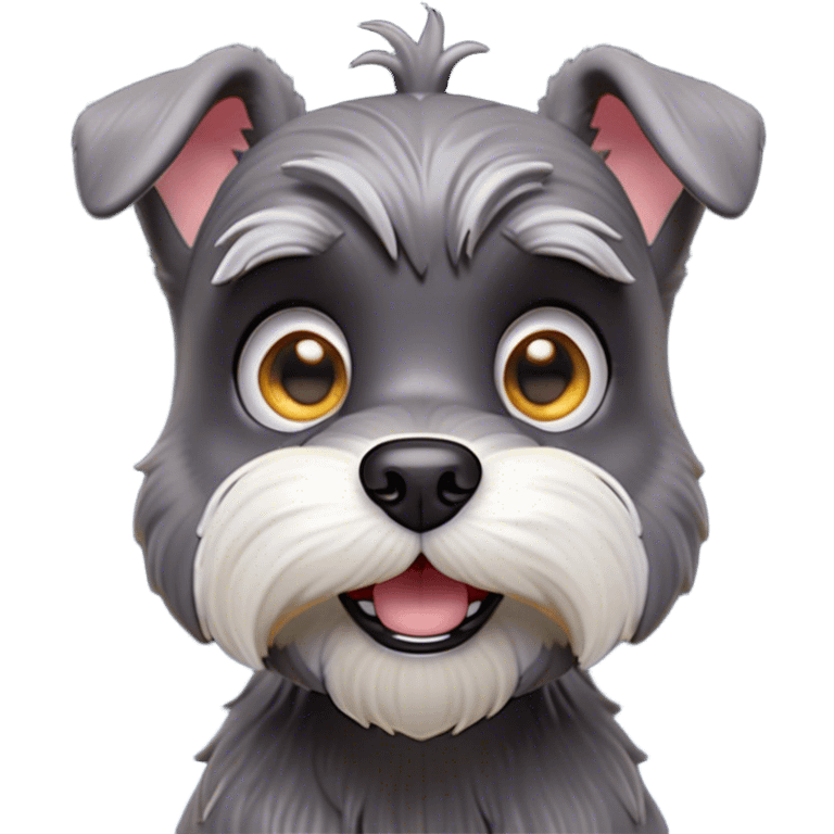 Cinematic Comical Miniature Schnauzer Portrait Emoji, Head tilted dramatically with a comically shocked expression and large, animated eyes, featuring a sharply defined salt-and-pepper fur with exaggerated, humorous eyebrows, simplified yet hilariously detailed, glowing with a bold, playful radiance, high shine, exuding a spirited and cheeky charm, styled with a soft glowing outline, capturing the essence of a Miniature Schnauzer that appears ready to dash into a burst of comic energy! emoji