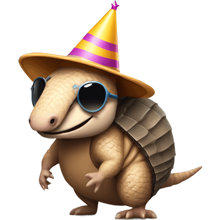 Armadillo with a birthday hat and sunglasses and creepy smile emoji