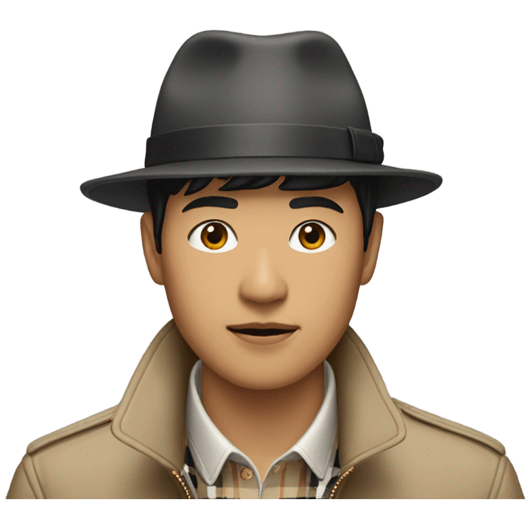 Asian man wearing burberry jacket with hat emoji