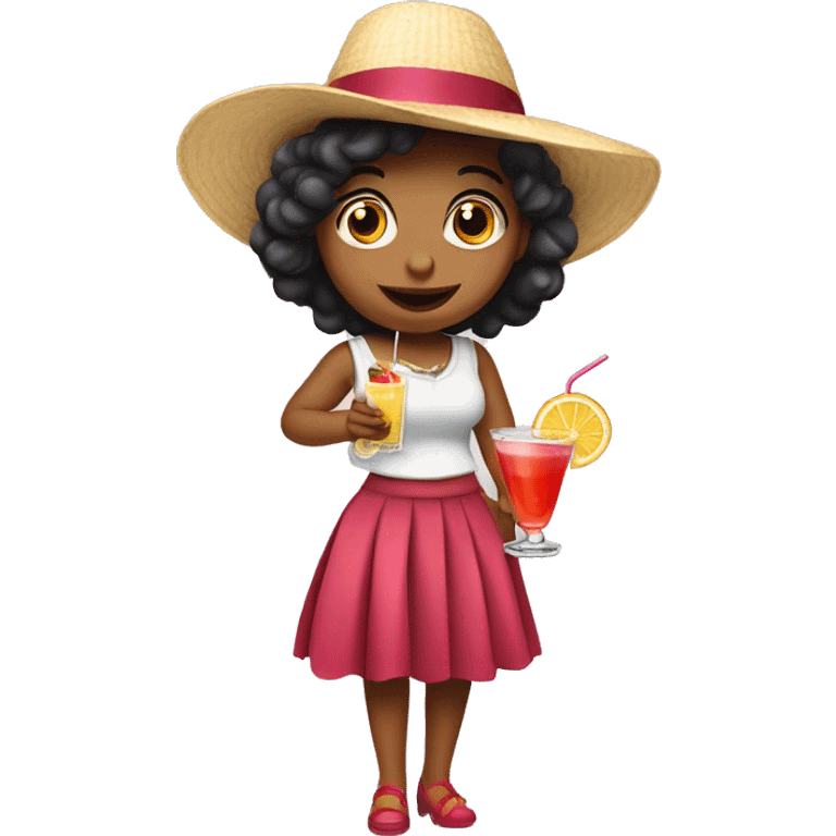 A little miss in a skirt wearing a hat and drinking a cocktail emoji