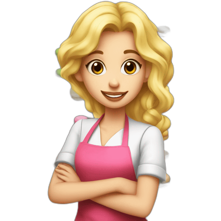 Blond girl in apron makes colorful macaroons emoji