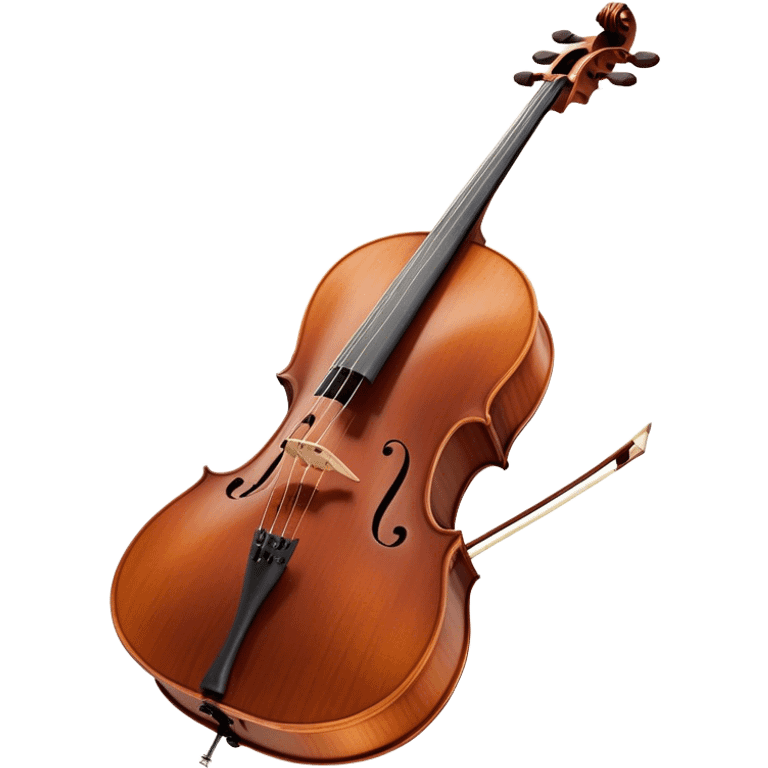 Create an elegant and refined emoji representing a Cremona 4/3F 4/4 cello with bow. The design should feature the distinctive, finely crafted body of the cello, highlighting its rich wooden finish and gracefully curved shape. The bow should be included, with visible horsehair and a polished wooden stick. Add subtle details like tuning pegs and strings to emphasize the precision and craftsmanship of the instrument. Use warm wood tones, deep brown, and soft metallic accents to reflect the high quality of the Cremona cello. The background should be transparent. emoji