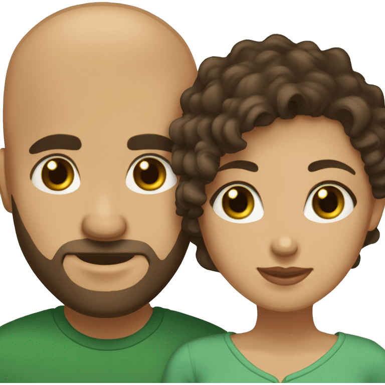 Married couple, man bald, brown beard, man green eyes, woman dark curly hair, light brown eyes emoji