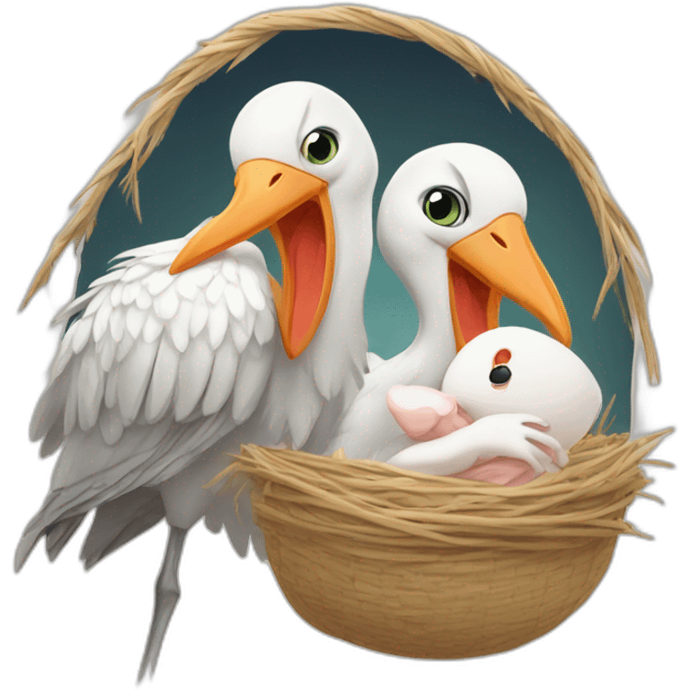  white stork carrying a bundle of cloth in its beak that has a cute baby human that his face peeking out from it emoji