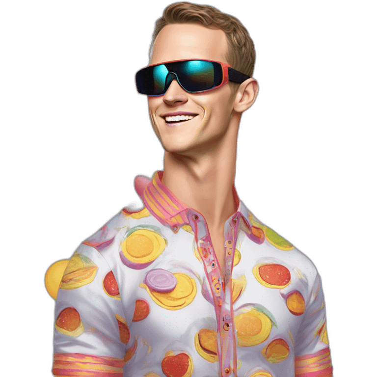 Fancy disco Jonathan Toews wearing rainbow lace shirt and wearing VR glasses and eating a moon pie emoji