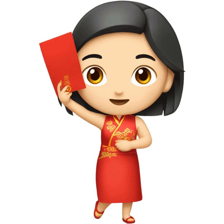 Beautiful youngchinese girl wearing red cheongsam holding red envelope “福” emoji