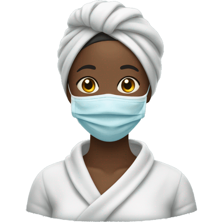 Black woman smiling with a face mask on and a towel covering her hair  emoji