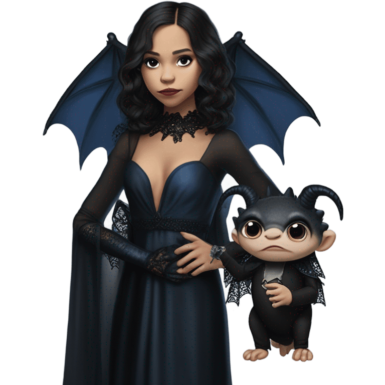 relaxed low-cut back silk black evening gown with lace gloves, Jenna Ortega as Addams woman prom queen wearing a mini tiara, very large blood blue evil-looking horned old dragon hand puppet emoji