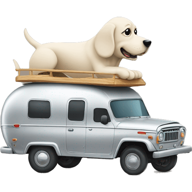 A dog driving a jeep pulling an airstream trailer emoji