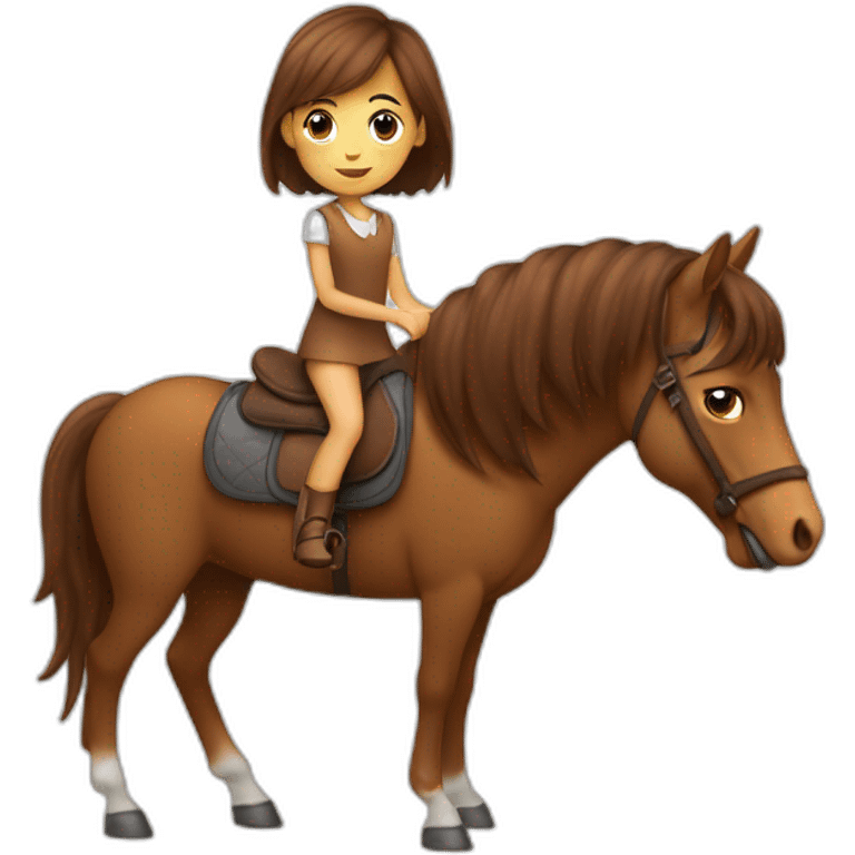 Un cheval marron avec une fille à côté qui a les cheveux brun emoji