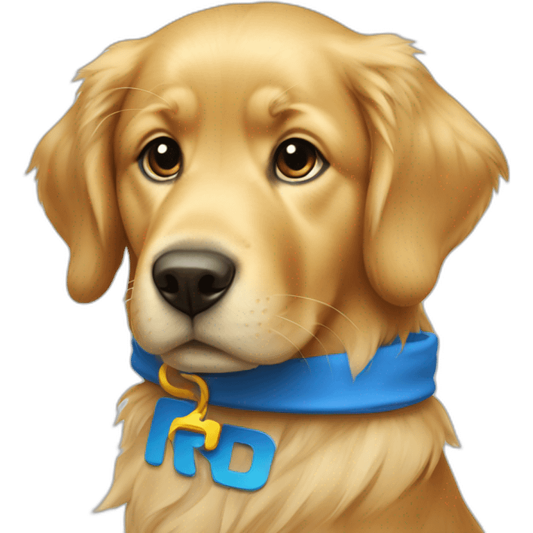 golden retriever with blue t-shirt with the letter r emoji