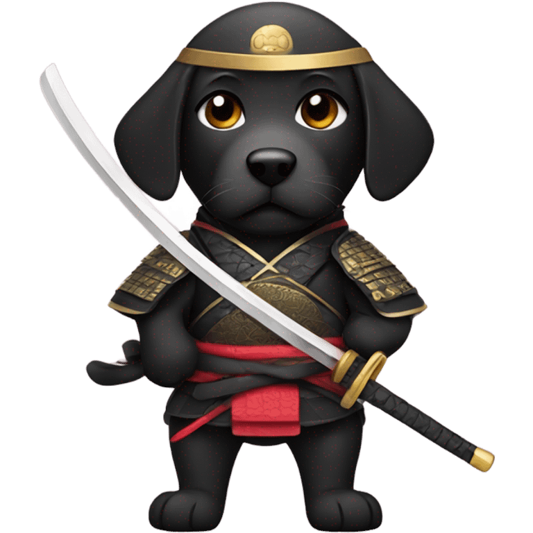 Black lab dressed as samurai with sword emoji