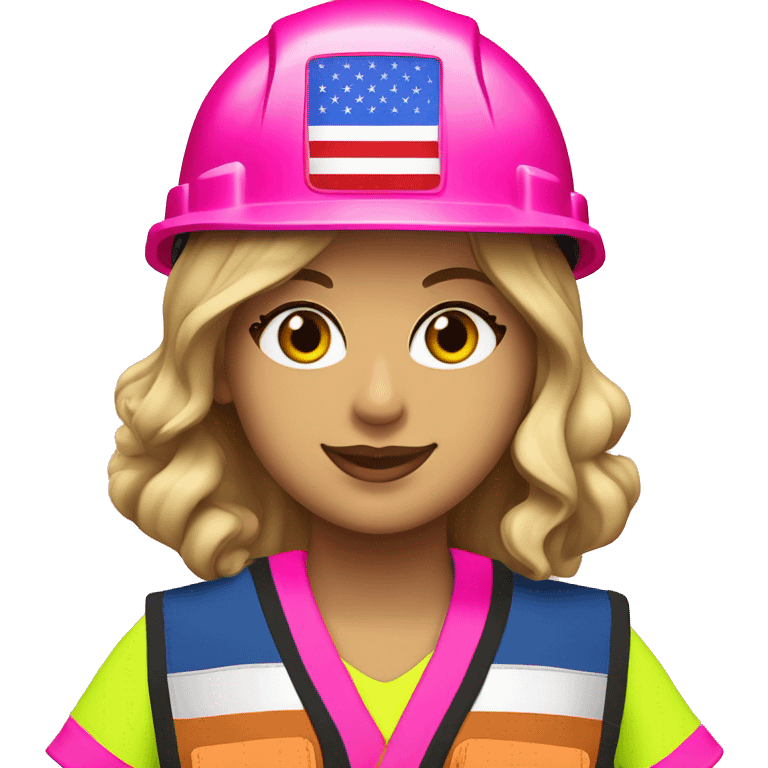 Taylor Swift is a construction worker wearing a neon pink safety vest, hard hat and ear muffs with a patriotic patch on her vest. The background image is of the patriotic flag  emoji