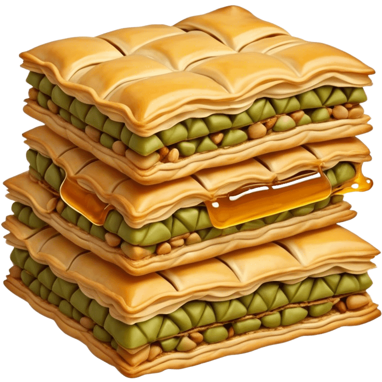 Cinematic Realistic Baklava Dessert Emoji, depicted as layers of flaky pastry with honey and nuts rendered with rich textures and warm, inviting lighting. emoji