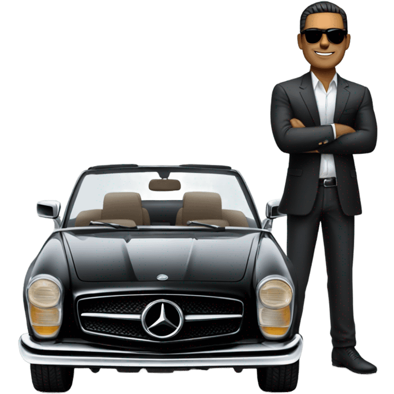 Latino Businessman with sunglasses standing in front of black Mercedes convertible emoji