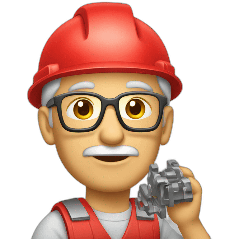 Industrial professional senior mechanical assembler working on the assembly of heavy machinery with a red outfit emoji