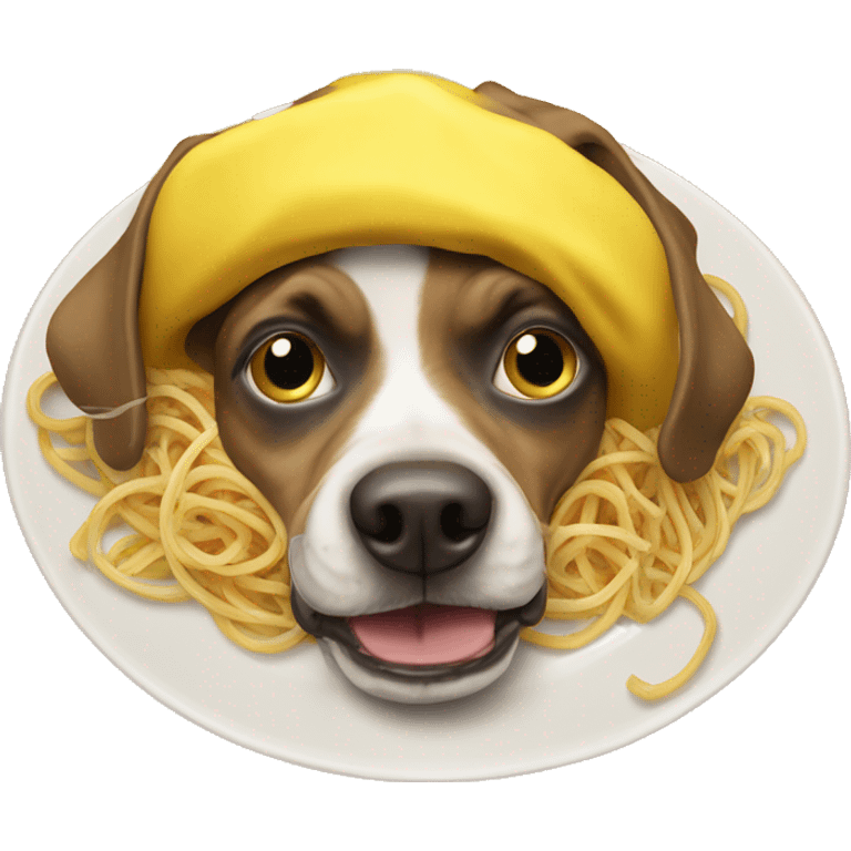 stupid ass fucking dog eating a plate of spaghetti with a yellow minion hat on his head emoji