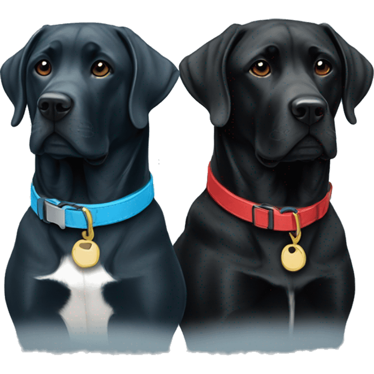 two dogs looking to the right. both black labradors, one with a red colour and the other with a light blue collar emoji