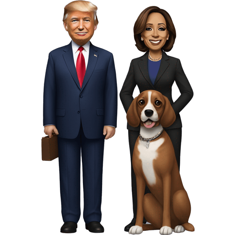 Donald Trump and Kamala Harris holding a dog emoji