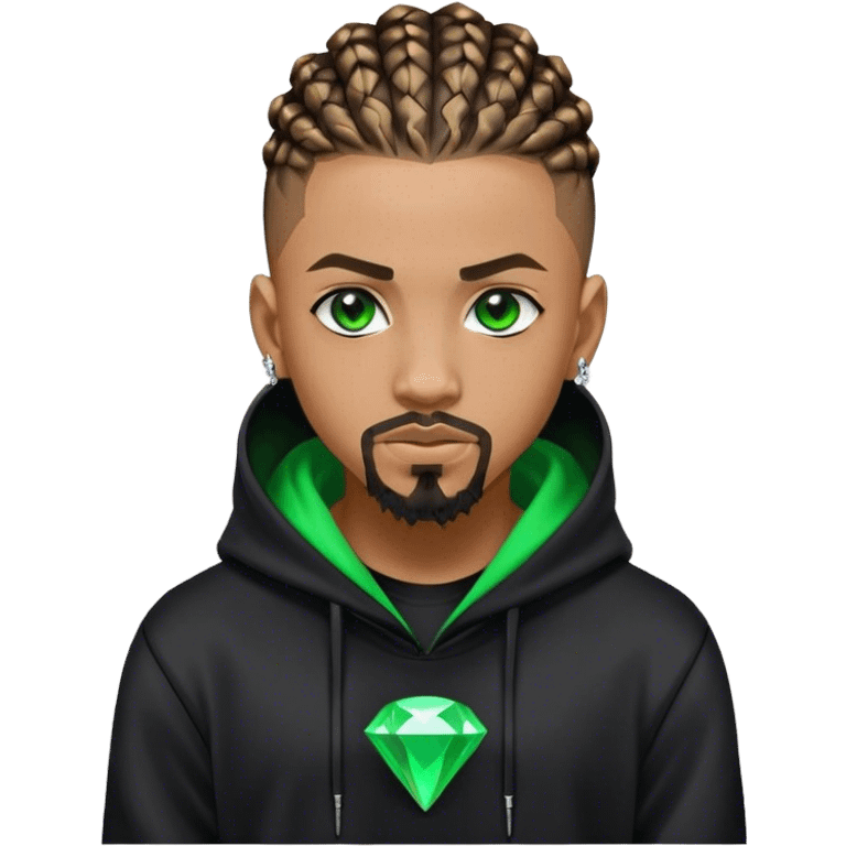 Light skinned African American male with green eyes as a cyberpunk hacker with cornrows hairstyle but short cornrows  with goatee facial hair with small diamond stud with black hoodie  emoji