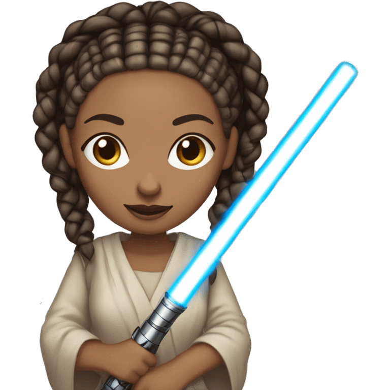 Light skin woman with brown box braids holding a lightsaber emoji