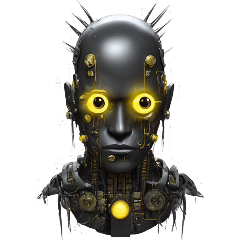 black metal cyborg head with circuitry, one artificial eyeball, and yellow Mohawk goatee emoji