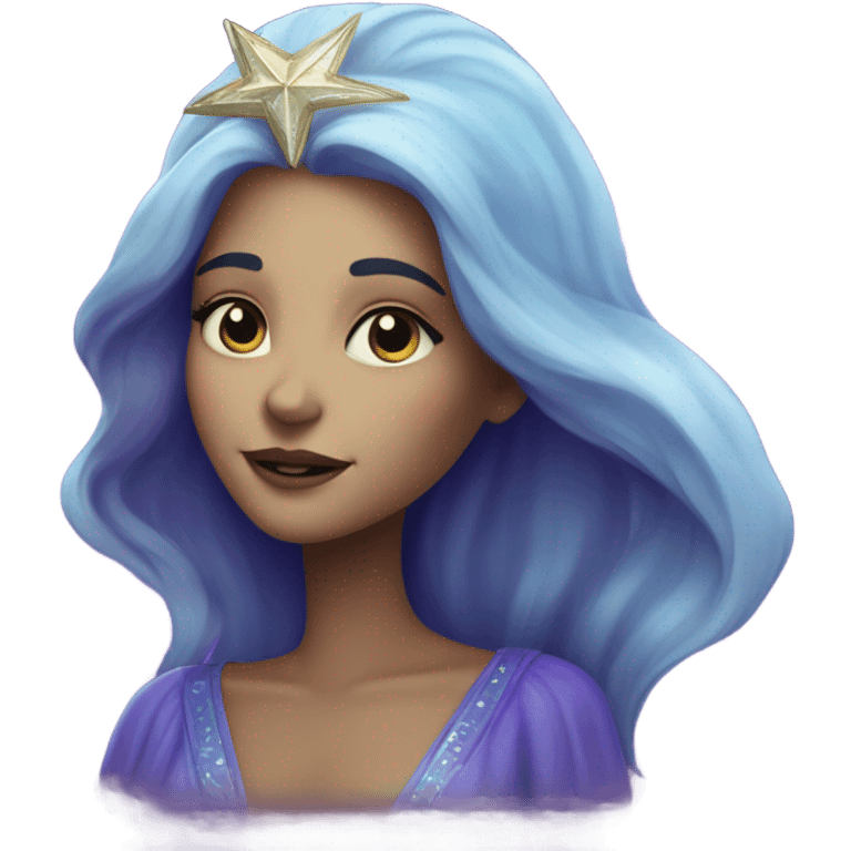 caucasian mystical woman with sparkling galaxy hair with moon and stars in purple and blue shades emoji