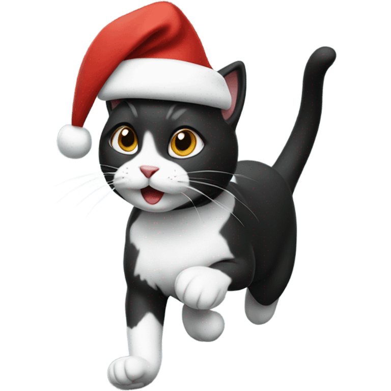 Running black and white cat wearing a Santa hat  emoji