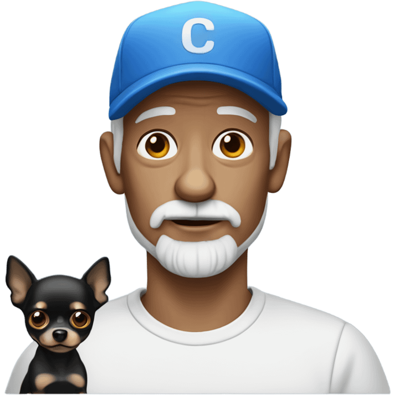 Old man blue eyes with goatee in ball cap holding black long haired chihuahua  emoji