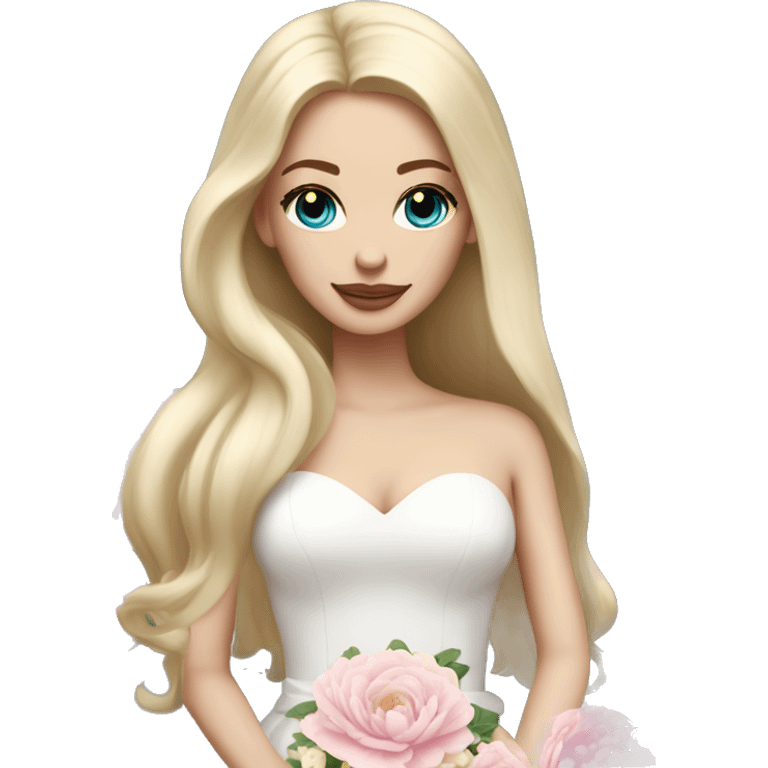 White bride with long light blonde hair and blue eyes with light pink peonies in hair white skin  emoji