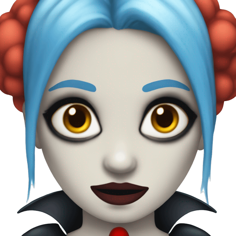 a vampire girl with clown makeup and has a white  corona and wings and she has blue hair emoji